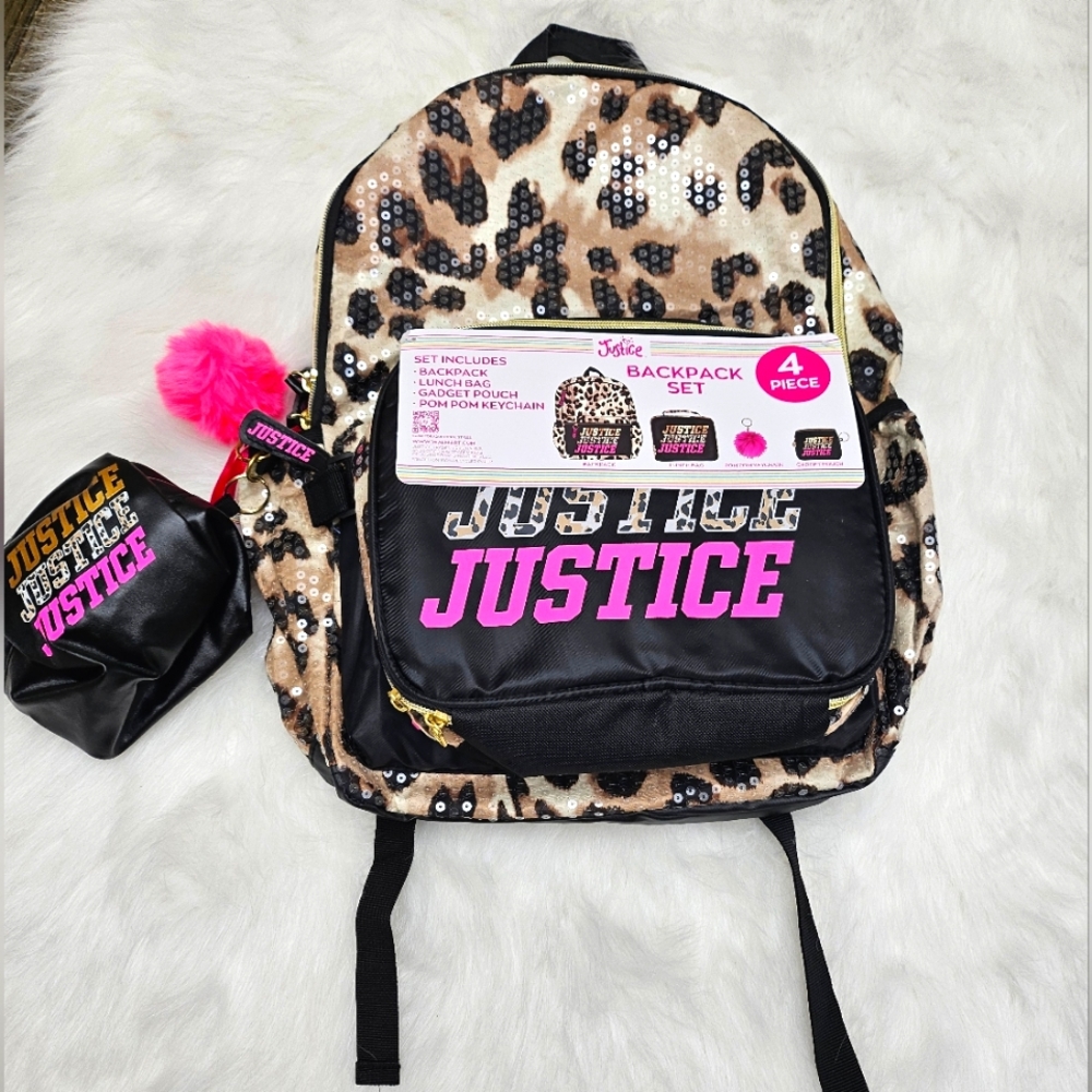 JUSTICE Girl Backpack Set 4pcs, Lunch Bag, Keychain & Pouch, Cheetah Theme, NEW